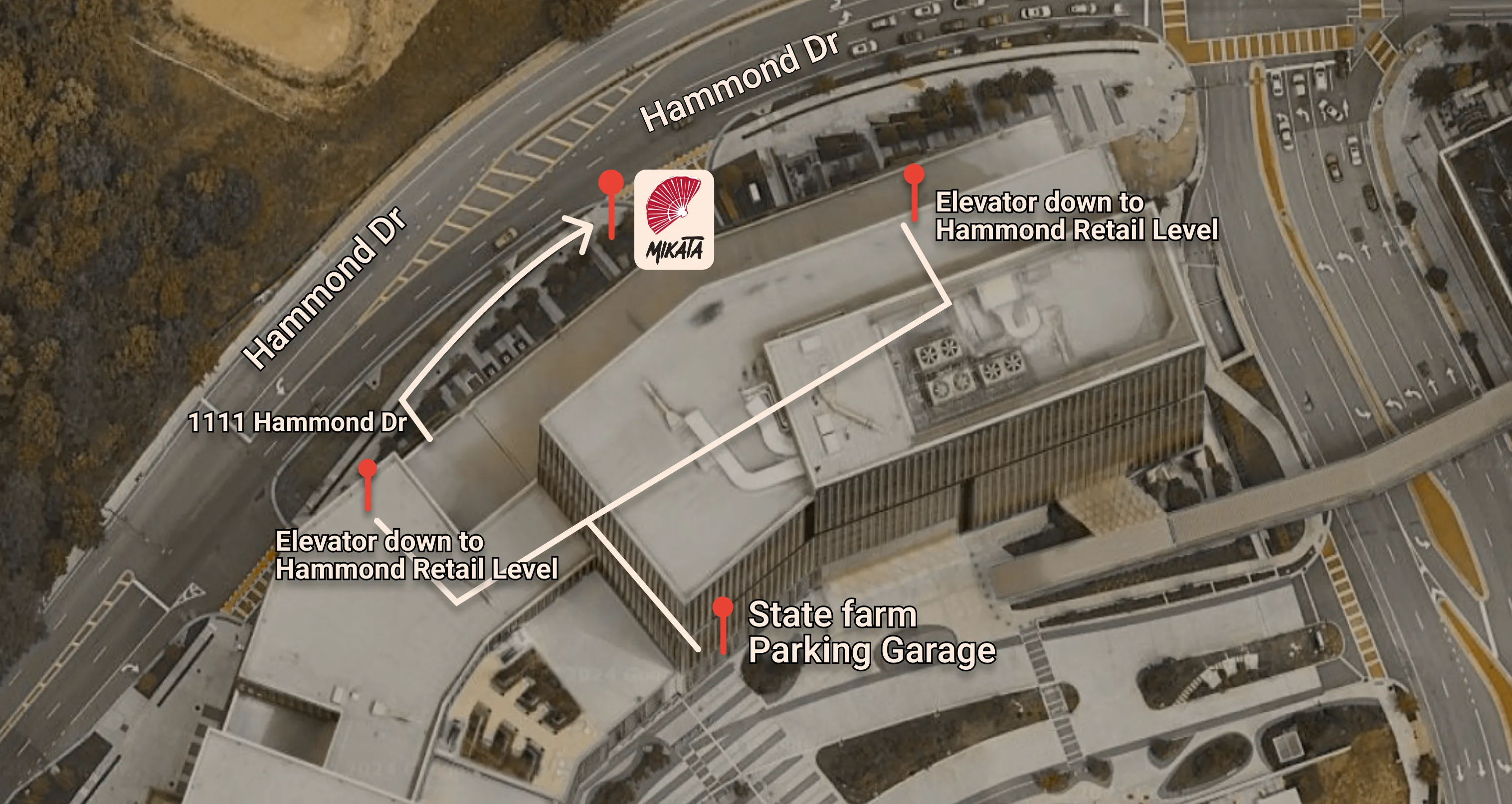 Aerial map to Mikata parking at 1111 Hammond Dr